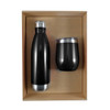 A drink bottle and a tumbler presented in a cardboard gift set, both featuring a sleek black design with silver accents.