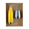 A drink bottle in bright yellow and a stainless steel cup are presented in a kraft cardboard gift box.