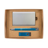 A gift set containing a metallic cardholder, a blue pen, and a blue USB flash drive, all presented in a cardboard box.