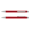 A metal pen in vibrant red with silver accents and a clip. It features a sleek, modern design and branding.