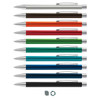 A collection of ten metal pens in various colours, featuring silver accents and clips, with a logo on some.