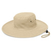 A wide-brim hat in a tan color, featuring a round crown and an adjustable chin strap.