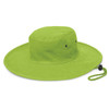 A wide-brim hat in vibrant lime green, designed for sun protection with a adjustable chin strap.