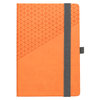 An orange geometric-patterned notebook with a grey elastic band and a bookmark, featuring a logo.