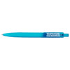 A turquoise ballpoint pen with a textured grip, featuring a branding logo.