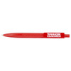 A red geometric ballpoint pen with a textured grip and a logo on the side.
