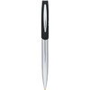 A sleek metal ballpoint pen in chrome and black with a stylish design and a logo on the barrel.