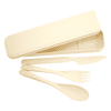 A bamboo fibre cutlery set in cream, featuring a knife, fork, spoon, and a storage case with a logo.