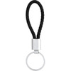 A black braided vegan leather key ring with a metal ring and sleek silver attachment.