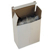 A white cardboard box partially open, revealing its contents wrapped in plastic. The box is empty and unlabelled.
