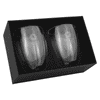 Two clear glass cups in an elegant box, showcasing a sleek design with a subtle logo, ideal for coffee or tea.