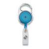 A retractable badge holder in blue with a silver clip and a clear plastic strap for attaching badges.