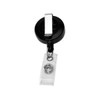 A black retractable badge holder with a silver clip and transparent badge reel attachment.