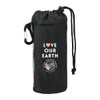 A black reusable tote bag with a drawstring closure and a carabiner, featuring a logo and text.