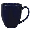 A coffee mug in a glossy navy blue finish with a rounded shape and a sturdy handle.