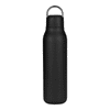 A drink bottle in matte black, featuring a metal loop and a sleek design, suitable for beverages.