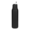 A drink bottle in matte black finish with a metal loop, designed for convenient carrying. Holds 600ml.