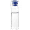 A drink bottle in clear plastic with a blue lid, featuring a sleek, ergonomic design.