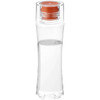 A drink bottle with a clear body and an orange screw cap, featuring a logo on the side. Holds 470ml.