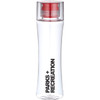 A drink bottle in clear plastic with a red cap and a logo, featuring a sleek, curved design.