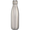 A drink bottle in a metallic silver finish, featuring a sleek, insulated design and a small logo.