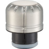 A drink bottle cap in silver and black, designed for a copper vacuum insulated bottle. It features a logo.
