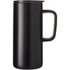 A drink bottle featuring a matte black finish, cork handle, and a lid, designed as a travel mug.
