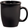 A black ceramic mug with a smooth finish and a sturdy handle, designed for coffee or tea.