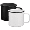 A drinkware set featuring a black and a white enamel metal cup, each with a contrasting rim and handle.