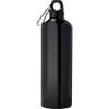 A drink bottle in black aluminium featuring a carabiner for easy attachment. It has a sleek, tall design and a logo.