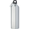 A drink bottle made of aluminium, featuring a sleek silver finish and a black lid with a carabiner attachment.