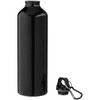 A drink bottle in sleek black aluminium with a screw-on lid and attached carabiner for portability.