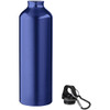 A drink bottle made of aluminium in a deep blue colour, accompanied by a black screw cap and carabiner.