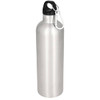 A drink bottle featuring a silver aluminium design, equipped with a black top and a carabiner clip.