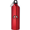 A drink bottle in shiny red aluminium featuring a black logo and a carabiner for easy attachment.