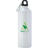 A drink bottle in white aluminium with a black cap and a carabiner clip, featuring a green logo.