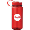 A red sports bottle with a lid and a handle, featuring a logo on the side.