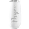 A drink bottle in white with a clear lid, featuring a simple logo and elegant script engraving.