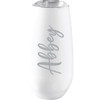 A drink bottle in white with a sleek design, featuring a clear lid and a grey logo.