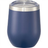 A drink bottle in navy blue with a stainless steel rim and clear lid, designed as a travel mug.