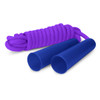 A purple skipping rope with blue handles. The rope is coiled neatly beside the handles.