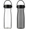 A drink bottle made of clear Tritan with a black lid and handle, featuring a sleek design.