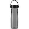 A drink bottle in a sleek black design with a transparent body and a handle, featuring a logo.