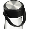 A drink bottle featuring a clear body, stainless steel lid, and a black handle. It includes a logo on the side.