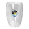 A glass cup with a bamboo lid, featuring a logo, in a transparent design.