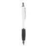 A ballpoint pen with a white barrel, black grip, and a silver clip. It features a branding logo on the barrel.