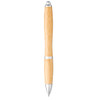 A bamboo ballpoint pen with a sleek design, featuring silver accents and a smooth writing tip.