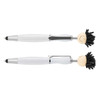 Two stylus pens with smiley-faced toppers and black yarn hair, featuring a white barrel and silver accents.
