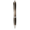 A ballpoint pen featuring a sleek design, a silver trim, and recycled materials. It uses blue ink.