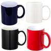 A set of four ceramic mugs in navy, white, black, and red with glossy finishes, each featuring a handle.